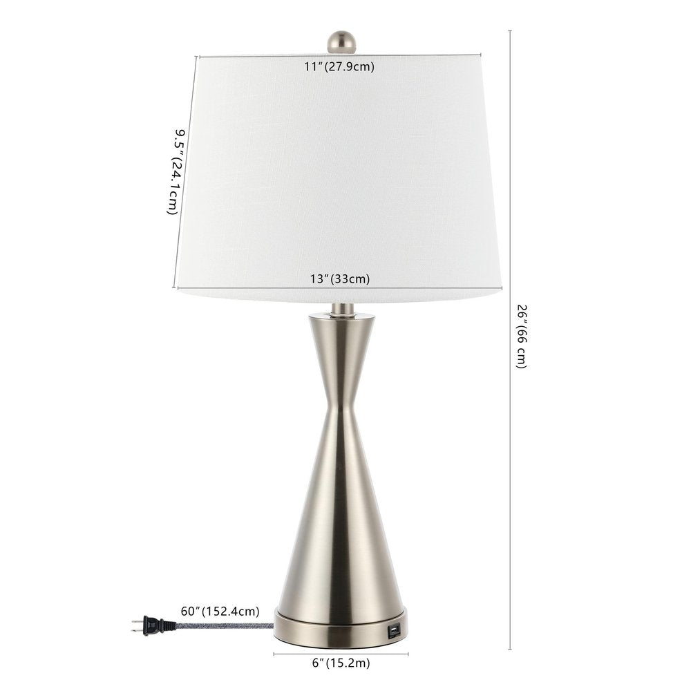 Nickel table lamp with empire shade, 26" (66cm) tall, 11" (27.9cm) top diameter, 13" (33cm) bottom diameter, 6" (15.2m) base diameter, 60" (152.4cm) cord.