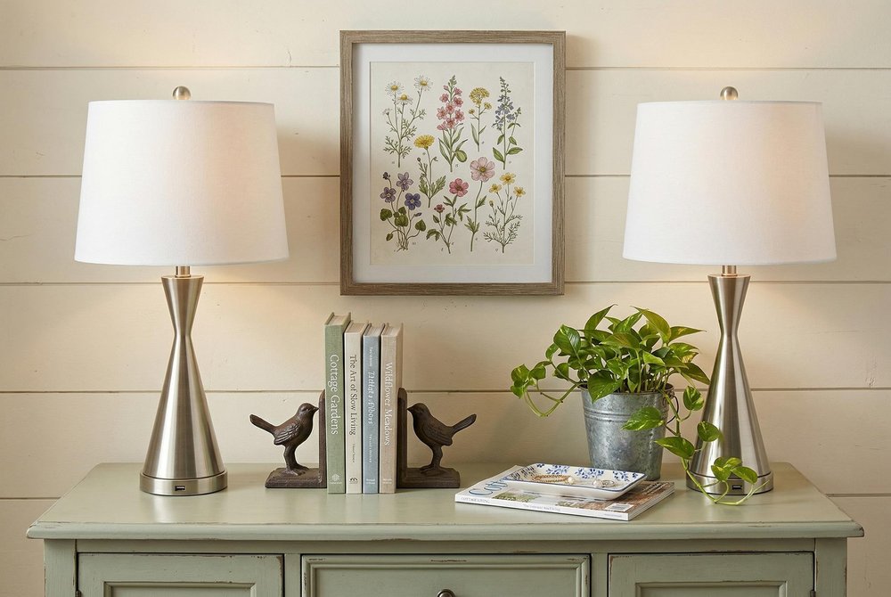 Set of Two 26" Nickel Novelty Table Lamps With Empire Shades in a home interior