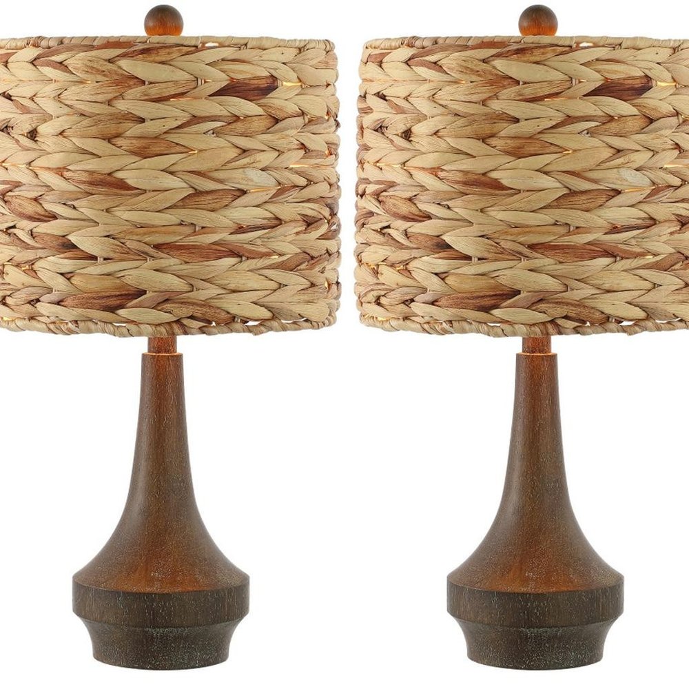 Set of Two 21" Dark Brown Gourd Bedside Lamps With Drum Shades on a white background