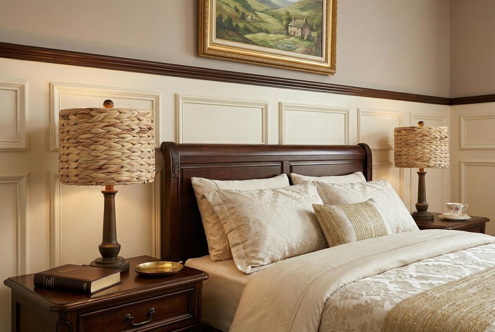Set of Two 21" Dark Brown Bedside Lamps With Drum Shades