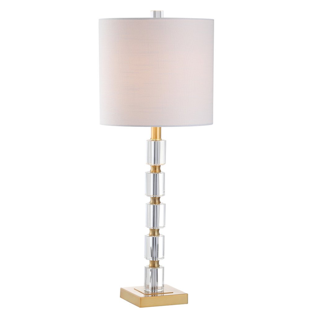 Set of Two 29" Clear And Brass Novelty Table Lamps With Drum Shades on a white background