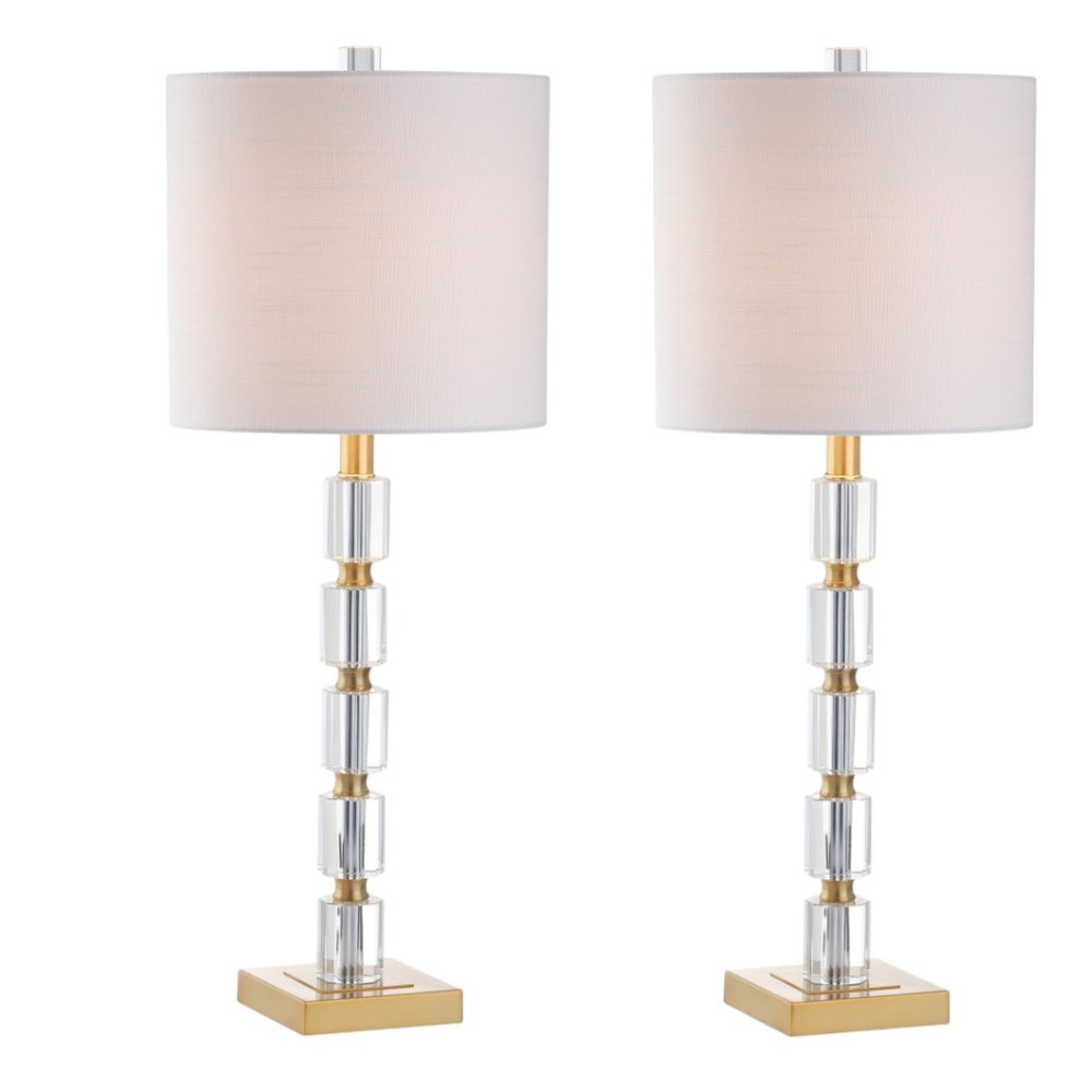 Set of Two 29" Clear And Brass Novelty Table Lamps With Drum Shades on a white background