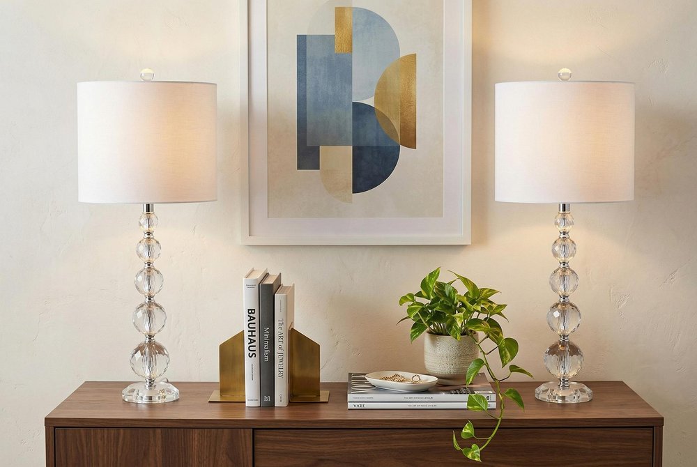 Set of Two 27" Clear Table Lamps With Drum Shades in a home interior