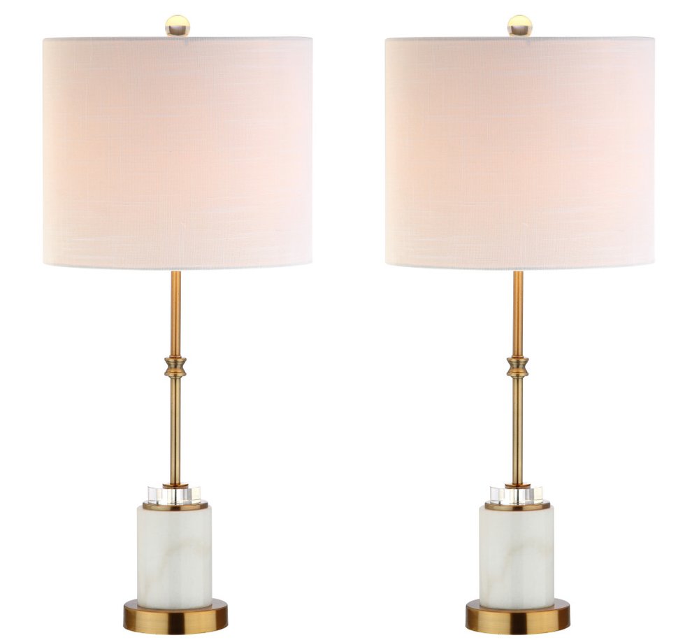 Set of Two 27" White And Brass Table Lamps With Drum Shades on a white background