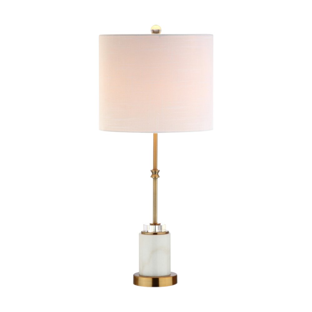 Set of Two 27" White And Brass Table Lamps With Drum Shades on a white background