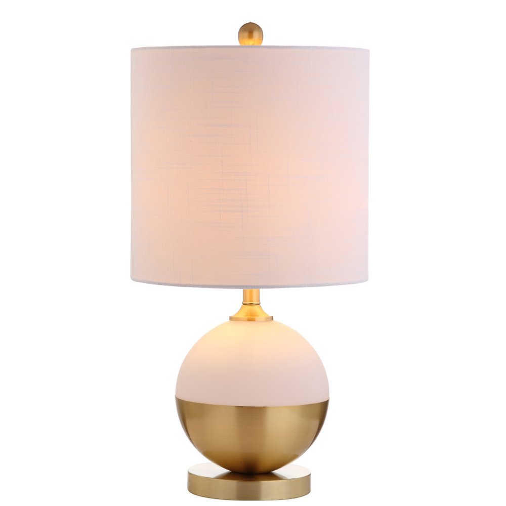 24" Gold Globe Table Lamp With Drum Shade. Table lamp isolated on a plain white background, in a gold finish.