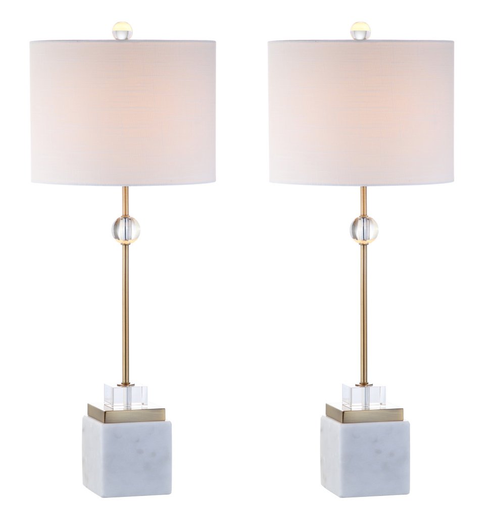 Set of Two 30" White Table Lamps With Drum Shades on a white background