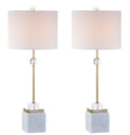 Set of Two 30" White Table Lamps With Drum Shades on a white background