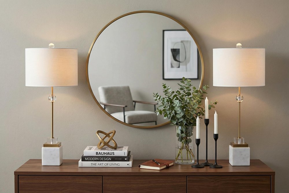 Set of Two 30" White Table Lamps With Drum Shades in a home interior