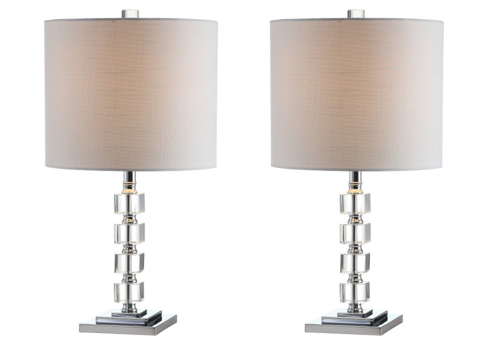 Set of Two 22" Clear And Silver Bedside Lamps With Drum Shades