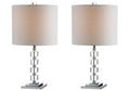 Set of Two 22" Clear And Silver Bedside Lamps With Drum Shades