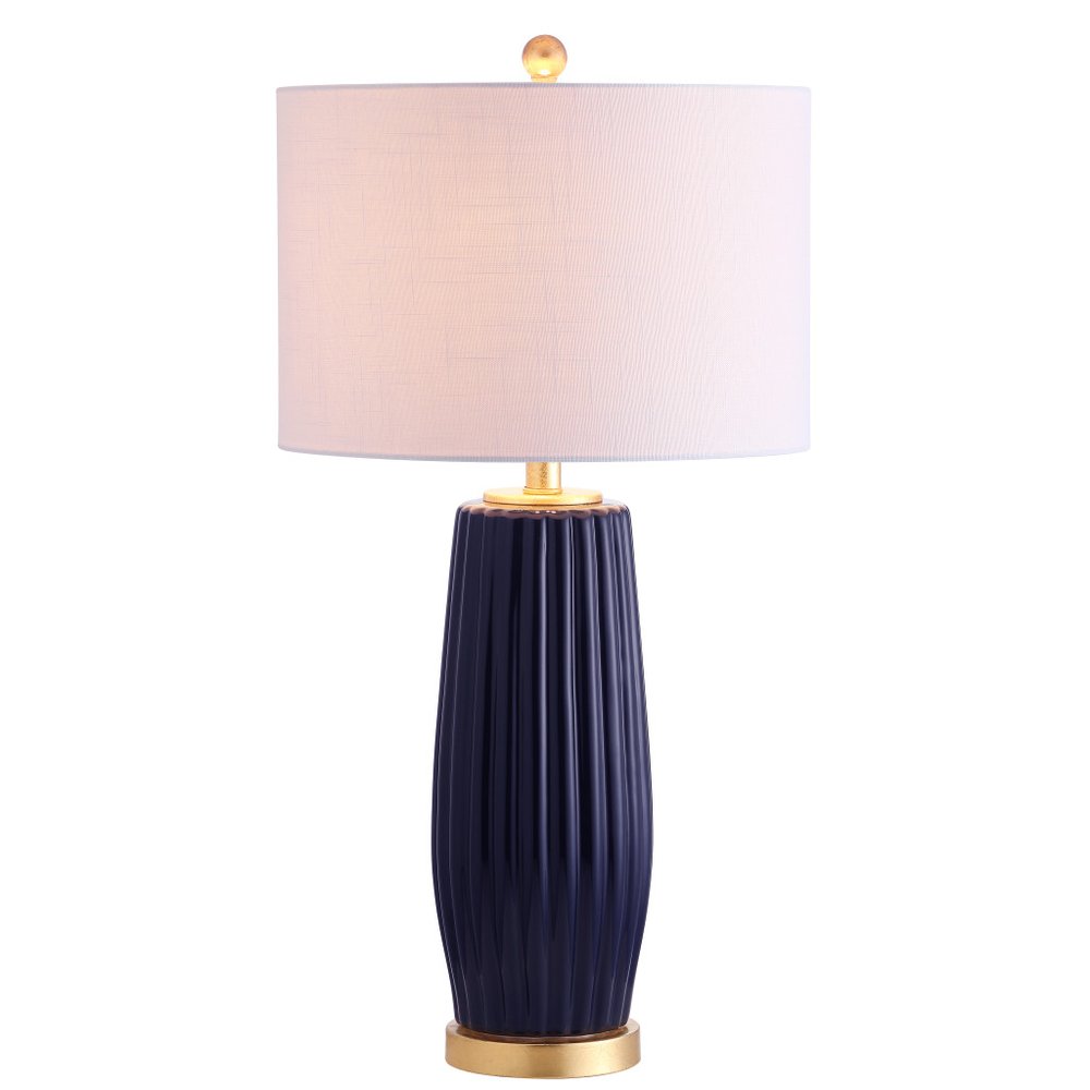 29" Navy Blue And Gold Table Lamp With Drum Shade. Table lamp isolated on a plain white background, showing its navy color.