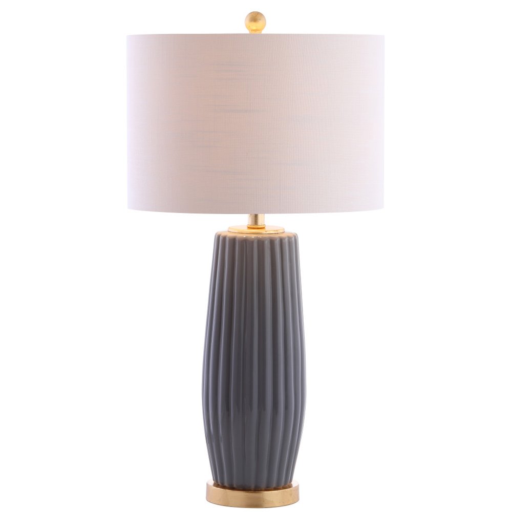 29" Dark Gray And Gold Table Lamp With Drum Shade. Table lamp isolated on a plain white background, in a charcoal finish.