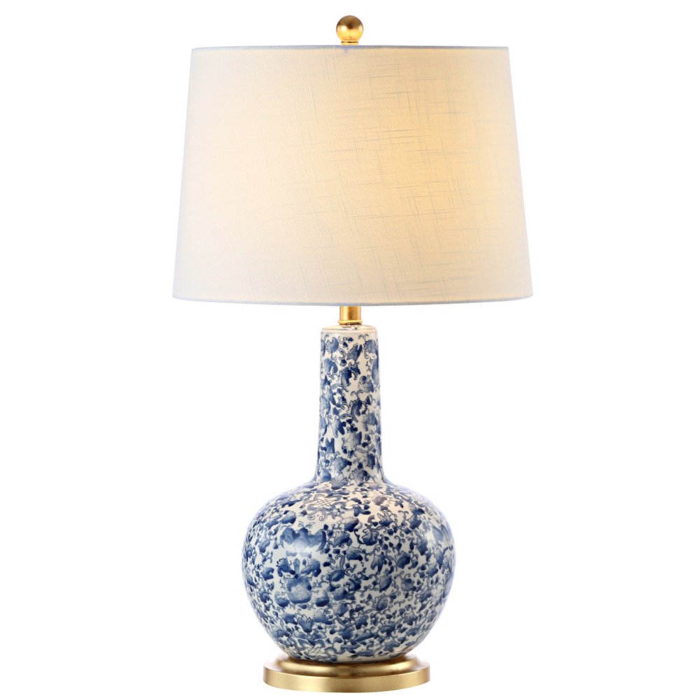 30" Blue White And Gold Gourd Table Lamp With Drum Shade. Table lamp isolated on a plain white background, finished in white.