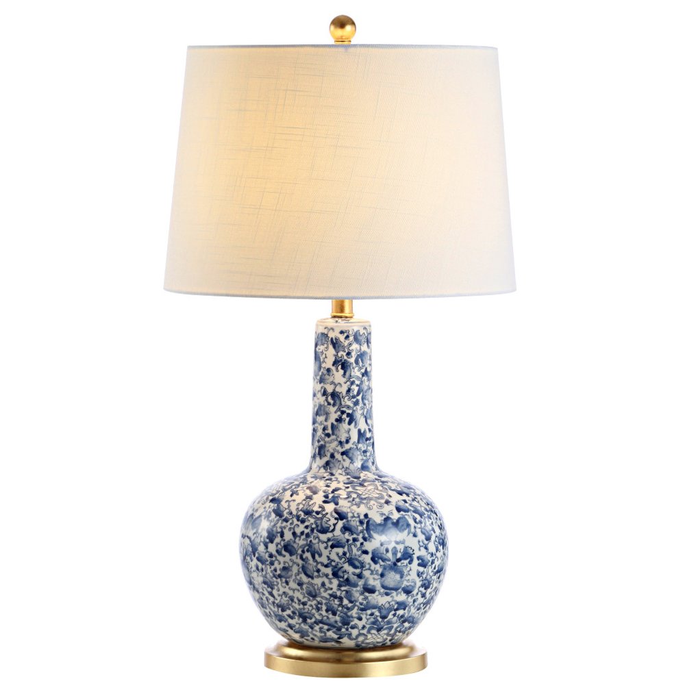 30" Blue White And Gold Gourd Table Lamp With Drum Shade. Table lamp isolated on a plain white background, in a white finish.