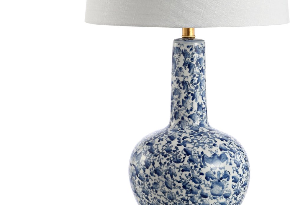 30" Blue White And Gold Gourd Table Lamp With Drum Shade. Table lamp isolated on a plain white background, showing its blue color.