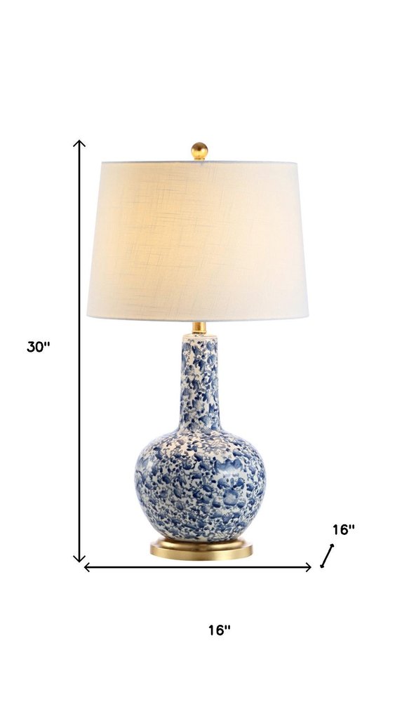 30" Blue White And Gold Gourd Table Lamp With Drum Shade. Table lamp isolated on a plain white background, showing its white color.