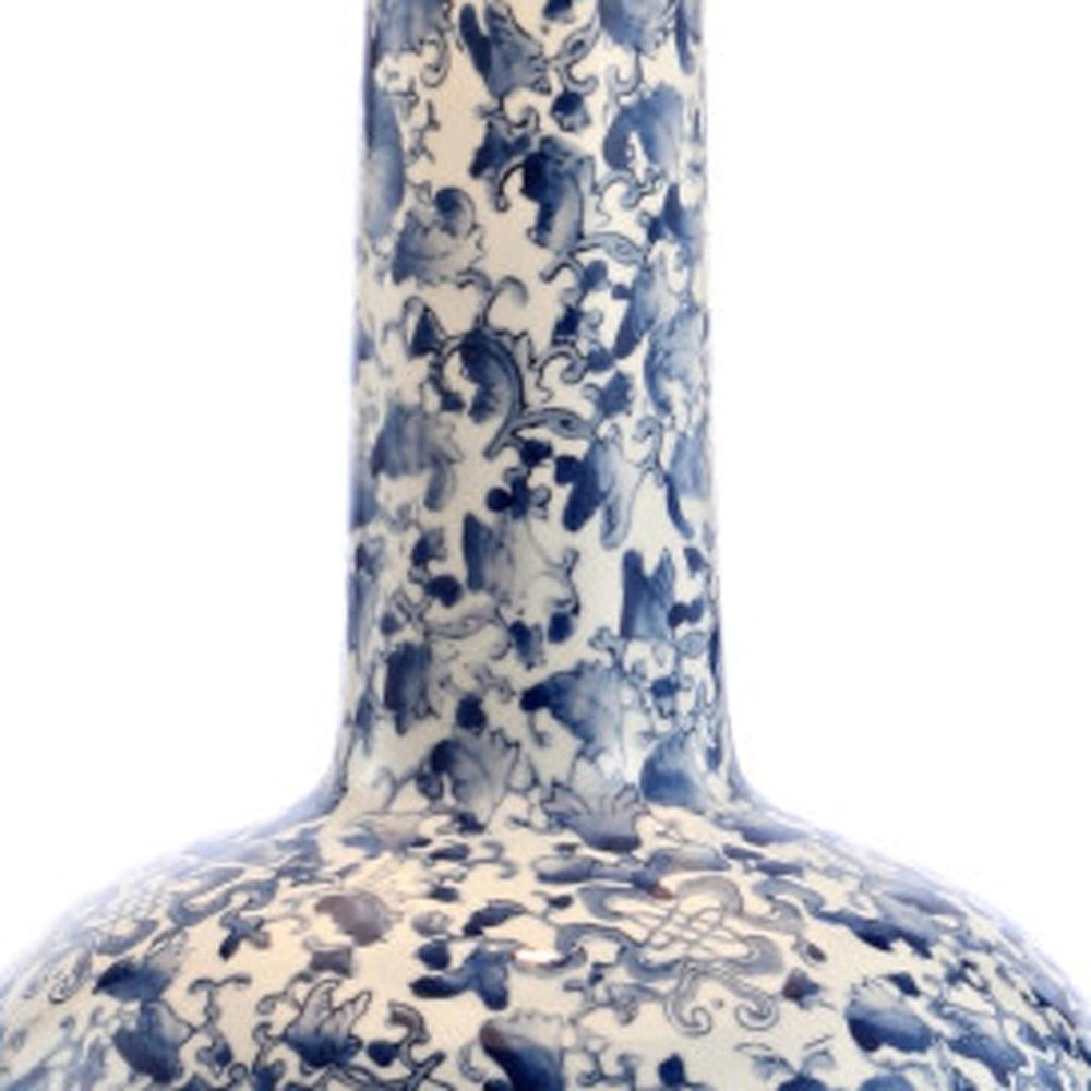 30" Blue White And Gold Gourd Table Lamp With Drum Shade. Table lamp isolated on a plain white background, finished in blue.