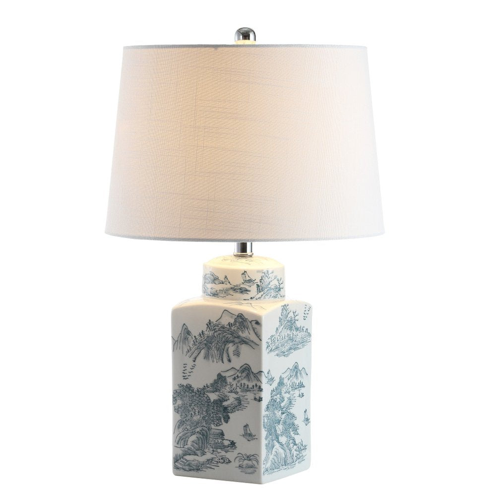 25" Blue And White Table Lamp With Drum Shade. Table lamp isolated on a plain white background, finished in white.