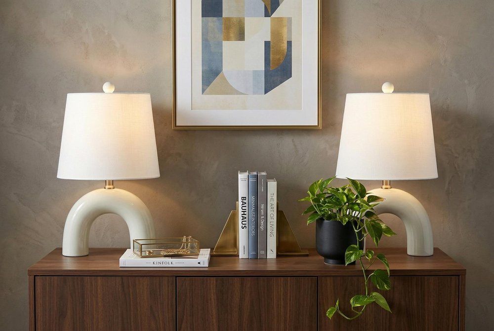 Set of Two 18" White Geometric Arched Lamps With Empire Shades in a home interior