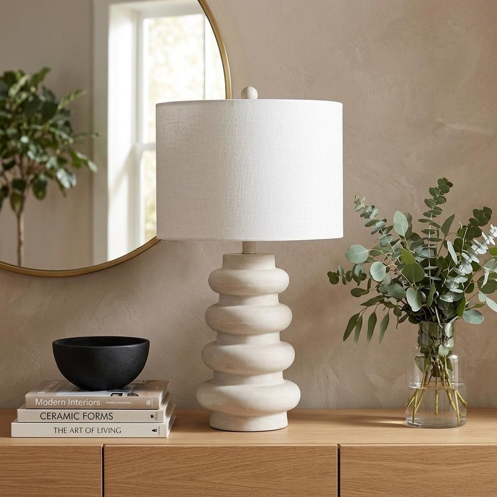26" Clear Round Table Lamp With Drum Shade.