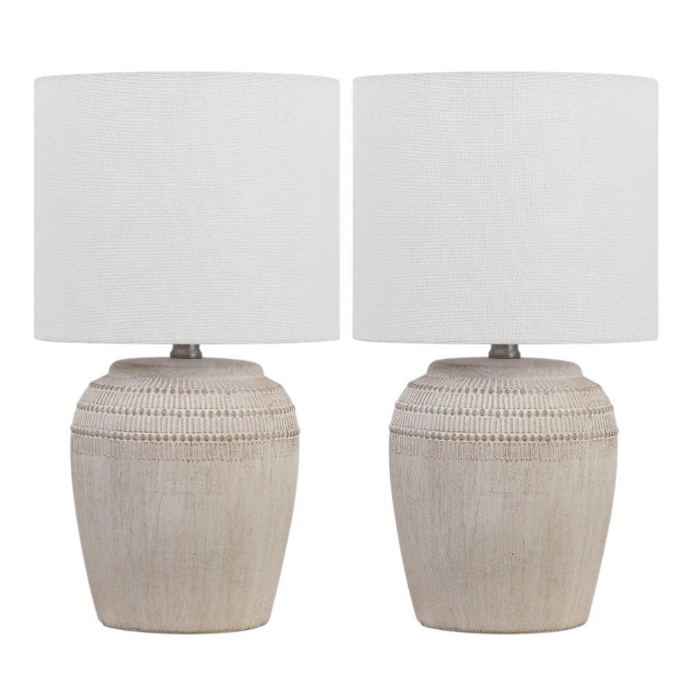 Set of Two 17" Clear Gourd Table Lamps With Drum Shades on a white background