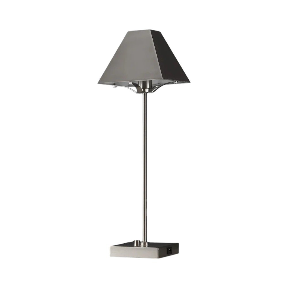 25" Nickel Table Lamp With Novelty Shade. Table lamp isolated on a plain white background, finished in silver.