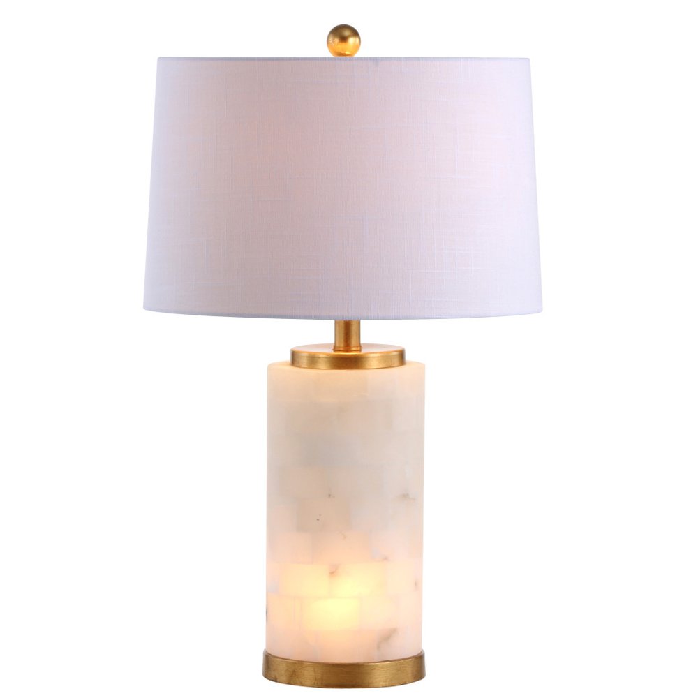 26" White And Gold Table Lamp With Drum Shade. Table lamp isolated on a plain white background, finished in white.