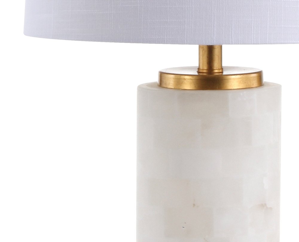26" White And Gold Table Lamp With Drum Shade. Table lamp isolated on a plain white background, showing its gold color.