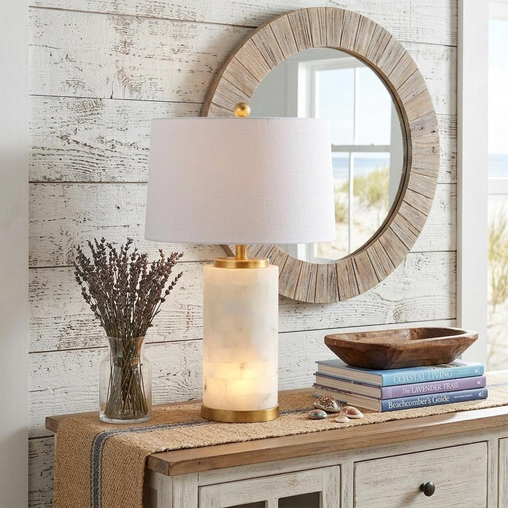 26" White And Gold Table Lamp With Drum Shade. Table lamp in gold.