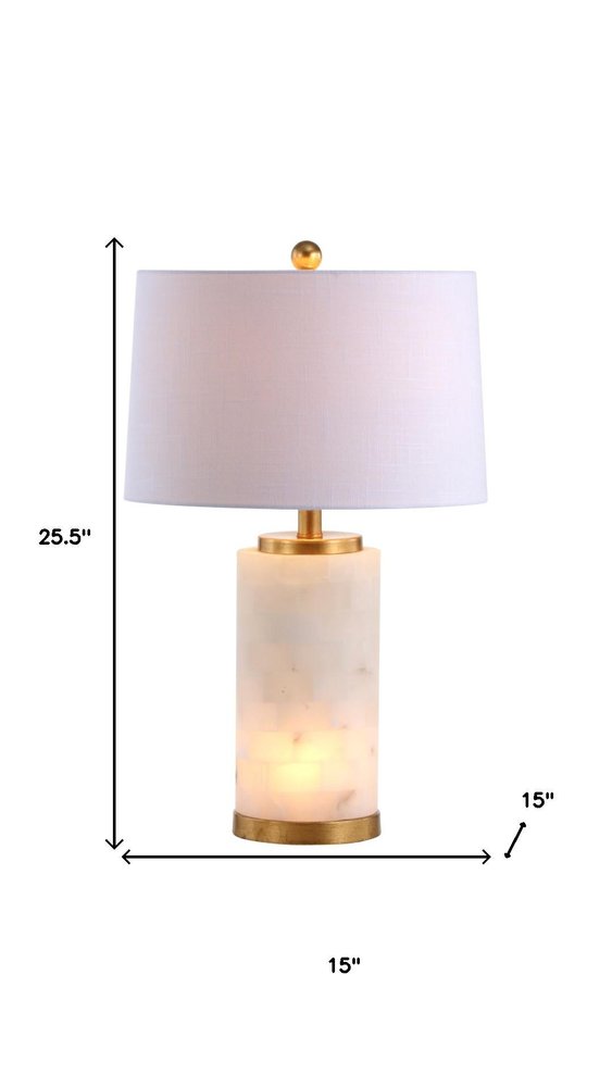 26" White And Gold Table Lamp With Drum Shade. Table lamp isolated on a plain white background, in a white finish.