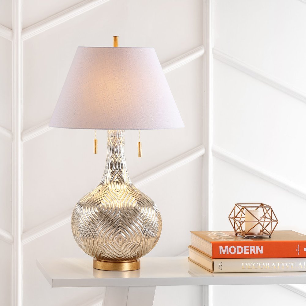 31" Gold Novelty Table Lamp With Globe Shade. Table lamp isolated on a plain white background, showing its gold color.