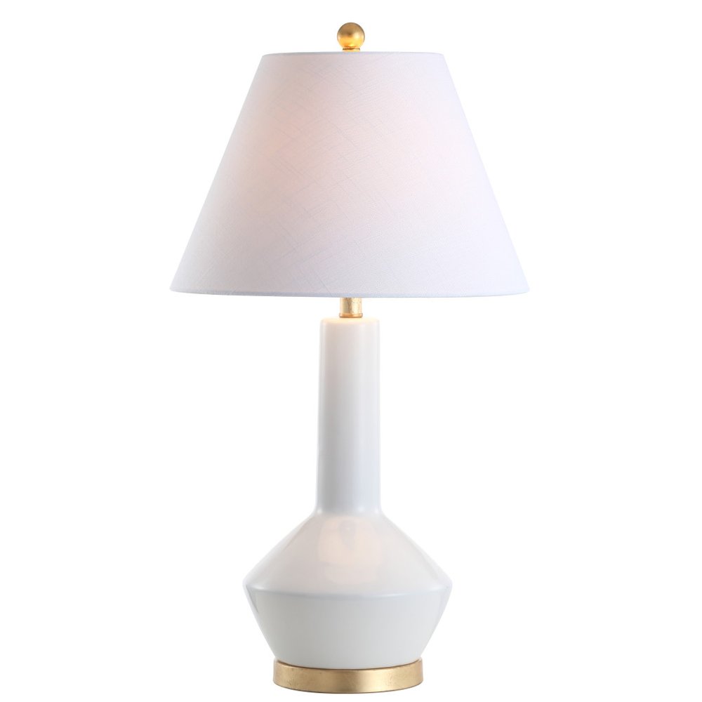 29" White And Gold Urn Table Lamp With Empire Shade. Table lamp isolated on a plain white background, finished in white.