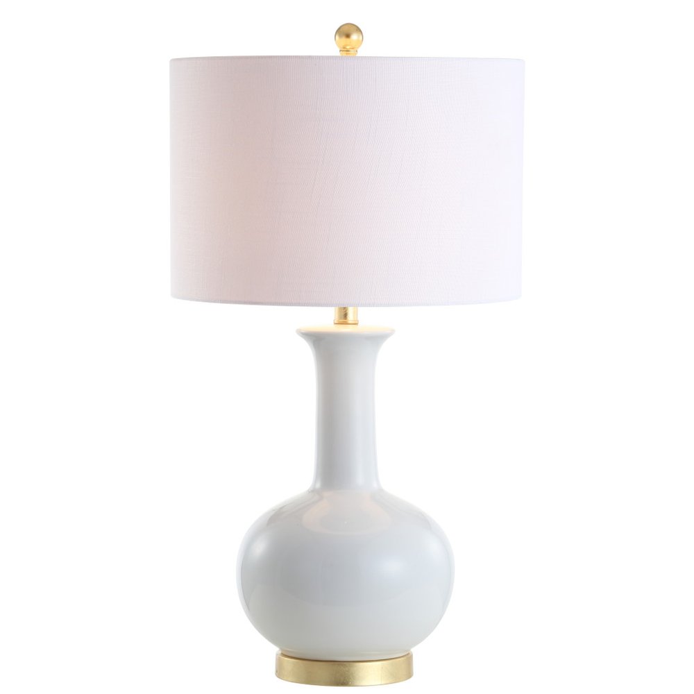 27" White And Gold Novelty Table Lamp With Drum Shade. Table lamp isolated on a plain white background, showing its white color.