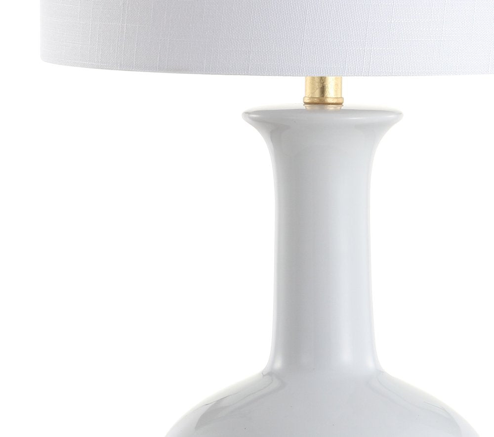 27" White And Gold Novelty Table Lamp With Drum Shade. Table lamp isolated on a plain white background, finished in white.