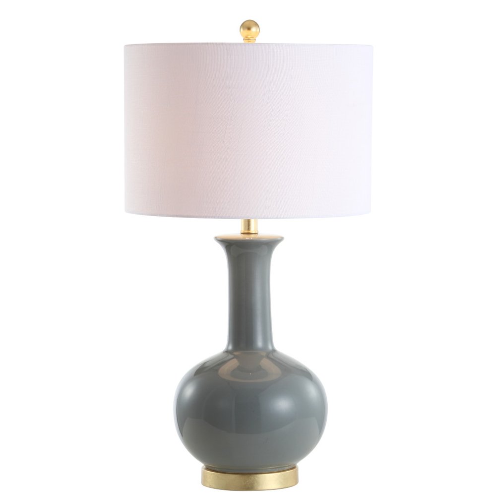 27" Steel Blue And Gold Novelty Table Lamp With Drum Shade. Table lamp isolated on a plain white background, showing a metal surface.