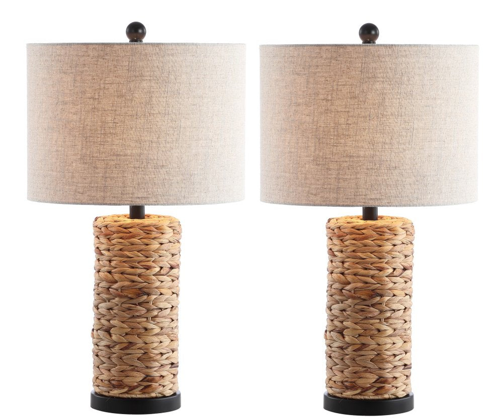 Set of Two 25" Natural And Black Bedside Lamps With Drum Shades