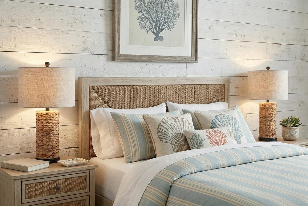 Set of Two 25" Natural And Black Bedside Lamps With Drum Shades in a home interior