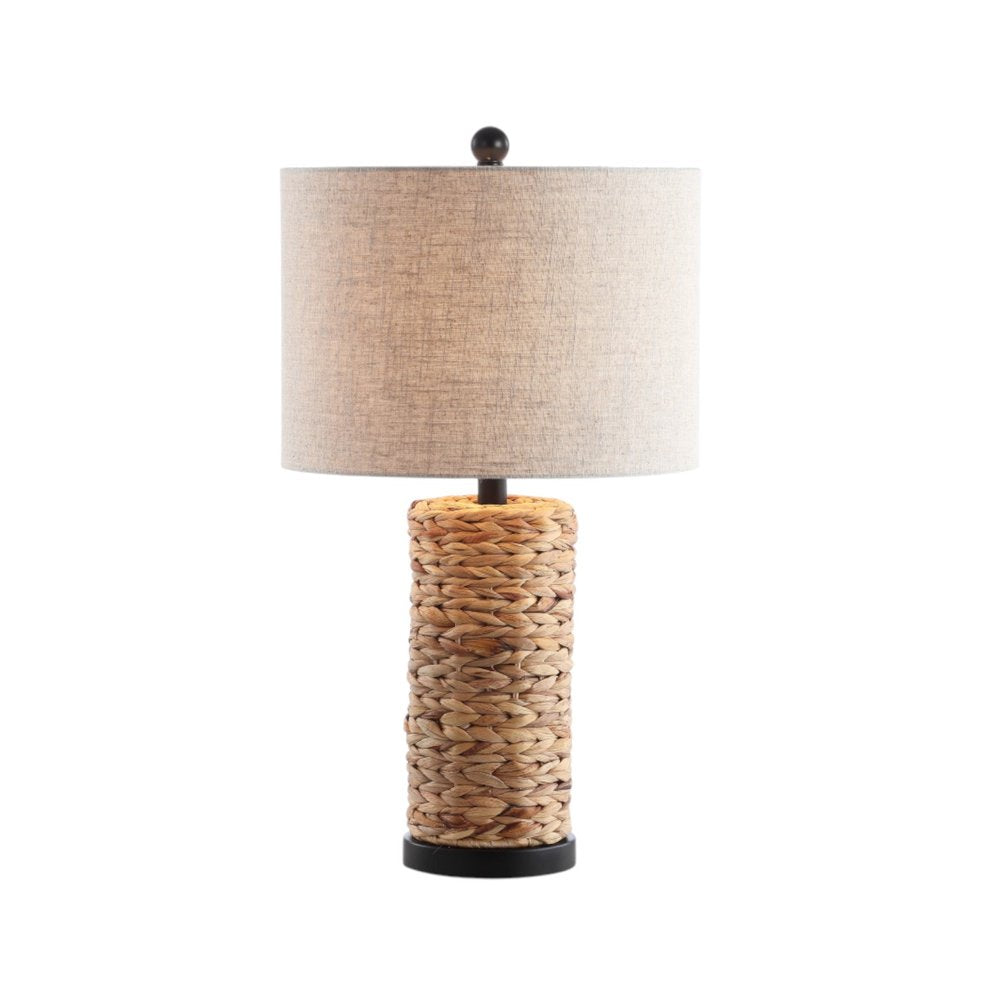Set of Two 25" Natural And Black Bedside Lamps With Drum Shades on a white background