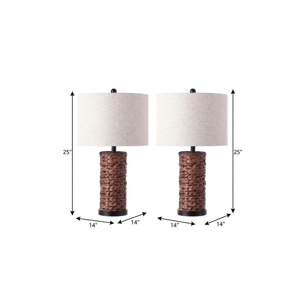 Set of Two 25" Black Table Lamps With Drum Shades on a white background
