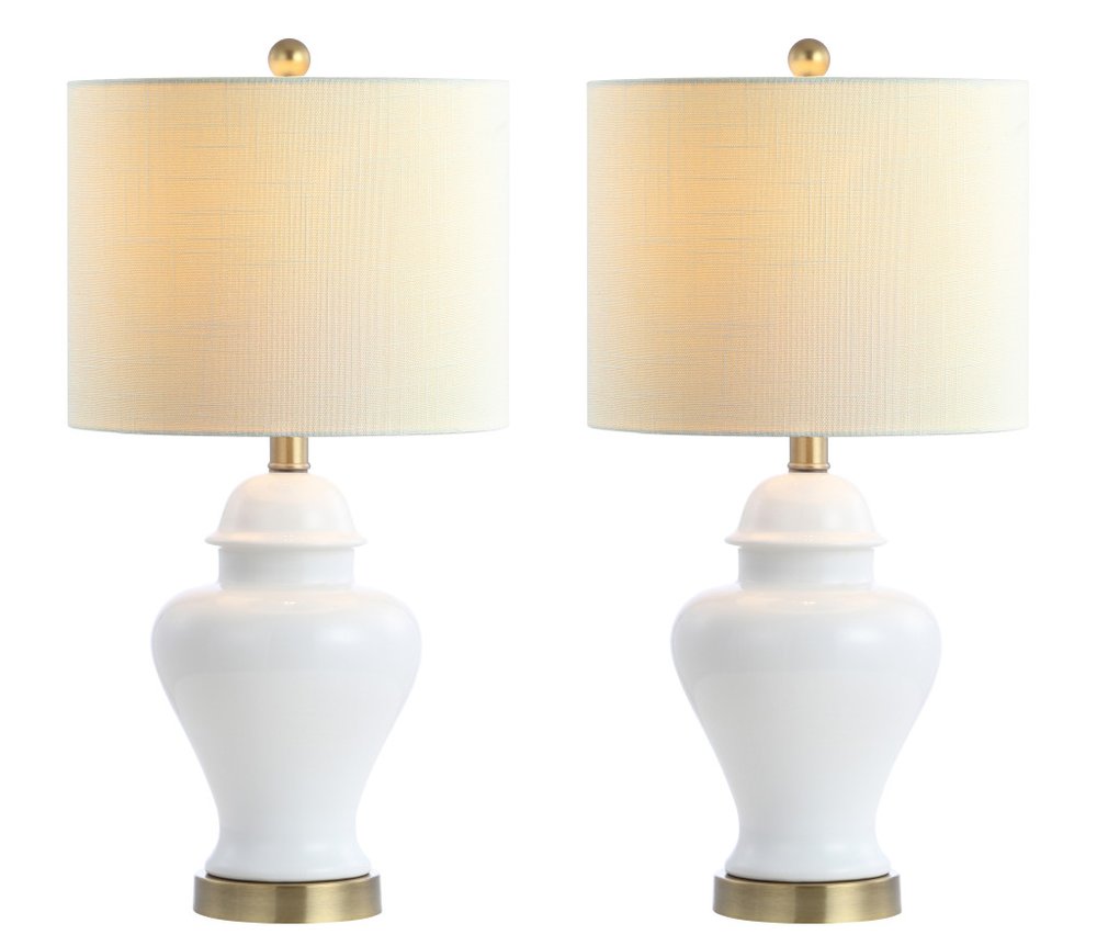 Set of Two 22" White And Gold Urn Bedside Lamps With Drum Shades