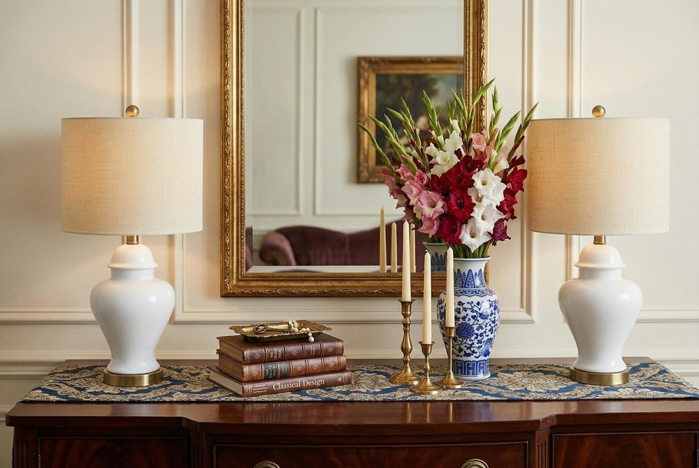 Set of Two 22" White And Gold Urn Bedside Lamps With Drum Shades
