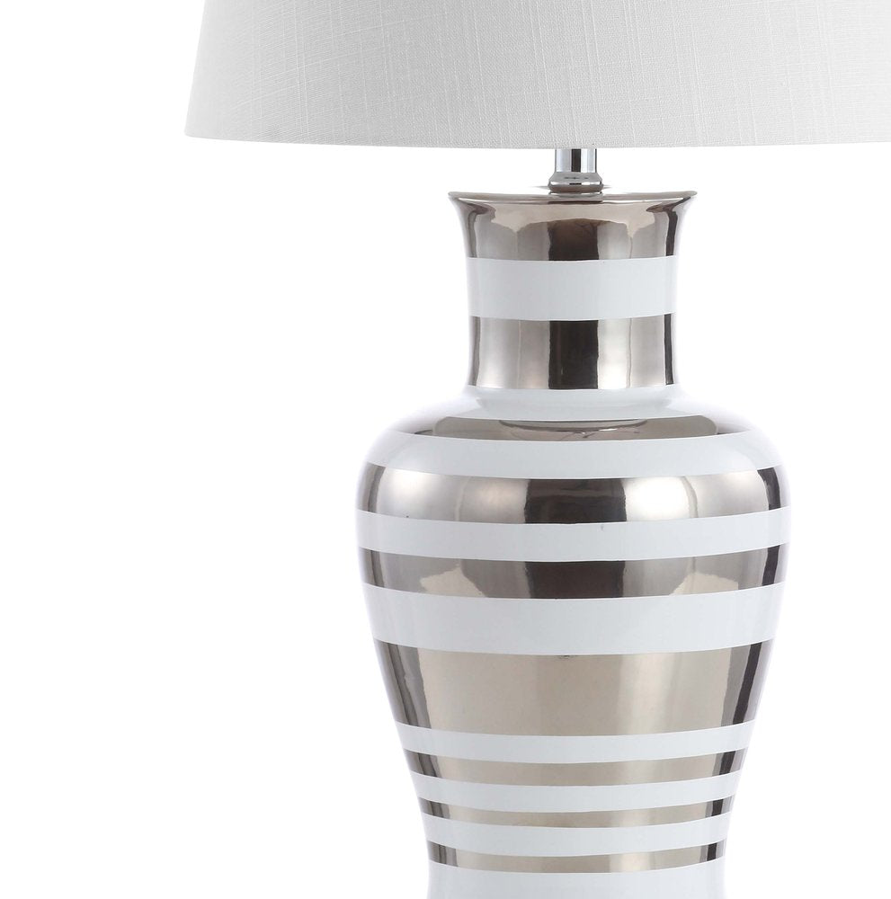 29" Silver Urn Table Lamp With Empire Shade. Table lamp isolated on a plain white background, showing its silver color.