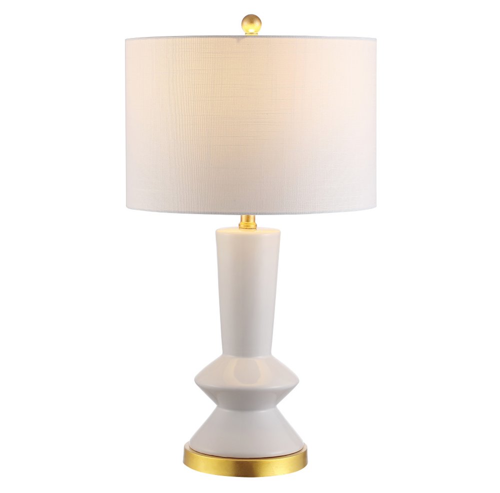 27" White And Gold Geometric Table Lamp With Drum Shade. Table lamp isolated on a plain white background, in a white finish.