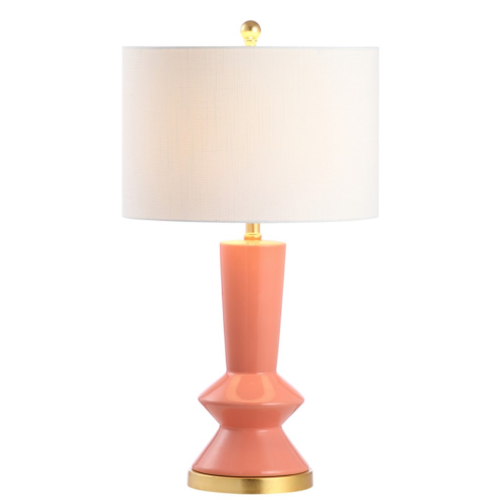27" Gold Geometric Table Lamp With Drum Shade. Table lamp isolated on a plain white background.