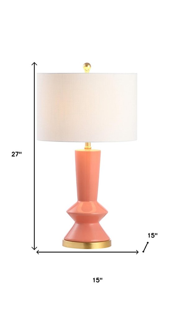 27" Gold Geometric Table Lamp With Drum Shade. Table lamp isolated on a plain white background.