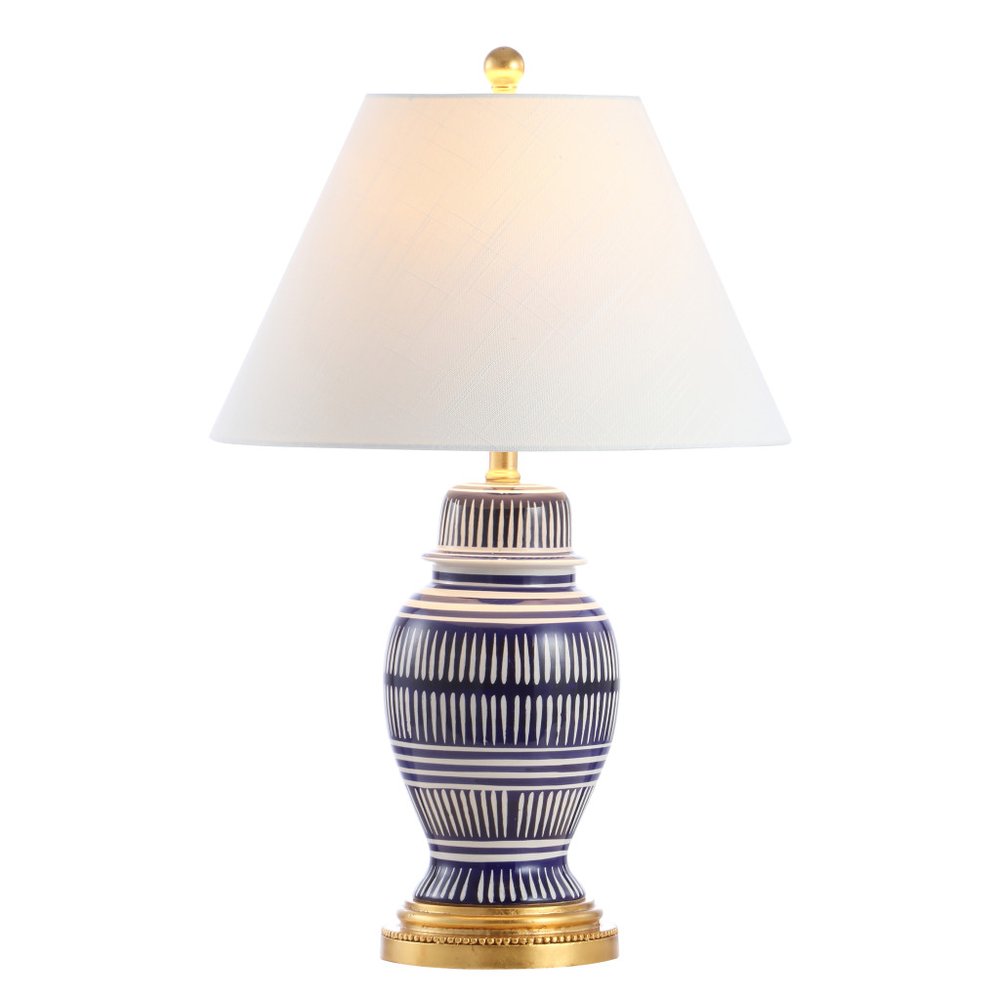 27" Navy Blue Gold And White Urn Table Lamp With Empire Shade. Table lamp isolated on a plain white background, in a white finish.