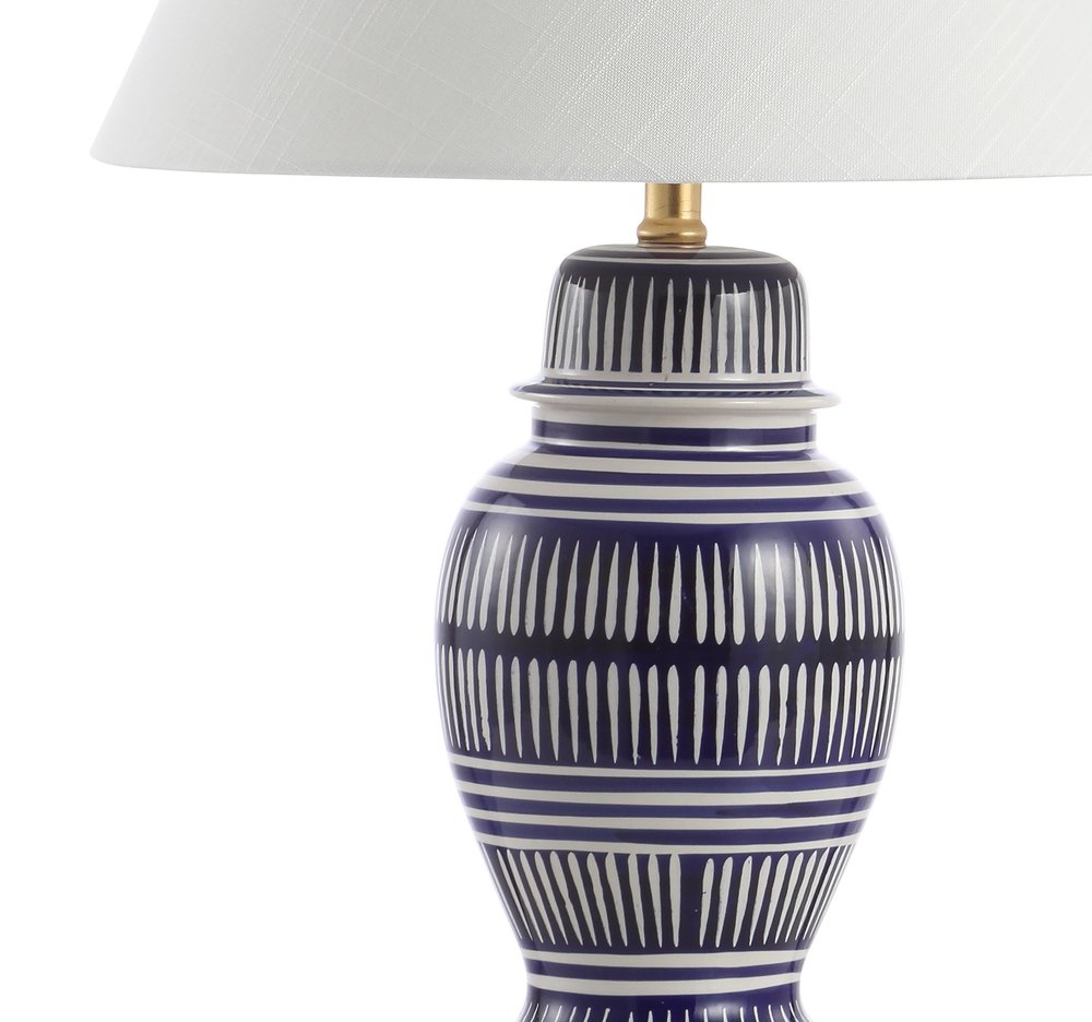 27" Navy Blue Gold And White Urn Table Lamp With Empire Shade. Table lamp isolated on a plain white background, showing its white color.