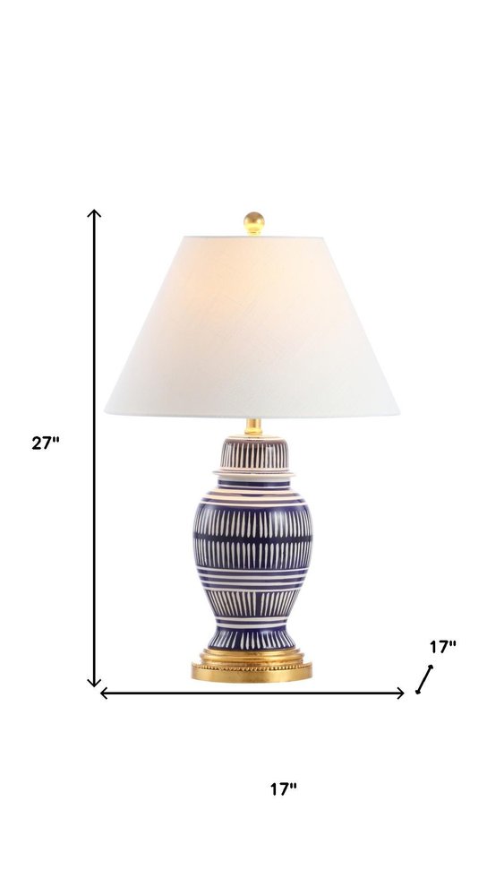 27" Navy Blue Gold And White Urn Table Lamp With Empire Shade. Table lamp isolated on a plain white background, showing its white color.