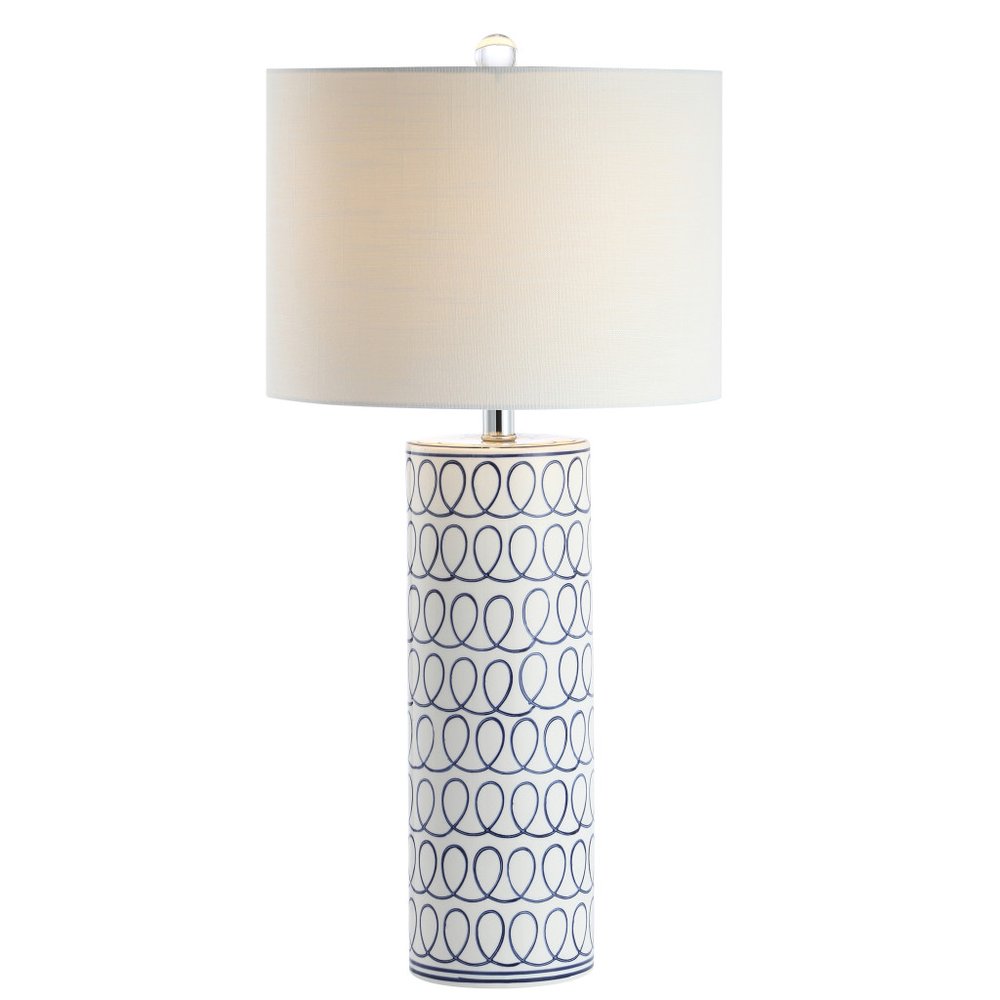 29" White Table Lamp With Drum Shade. Table lamp isolated on a plain white background, finished in white.